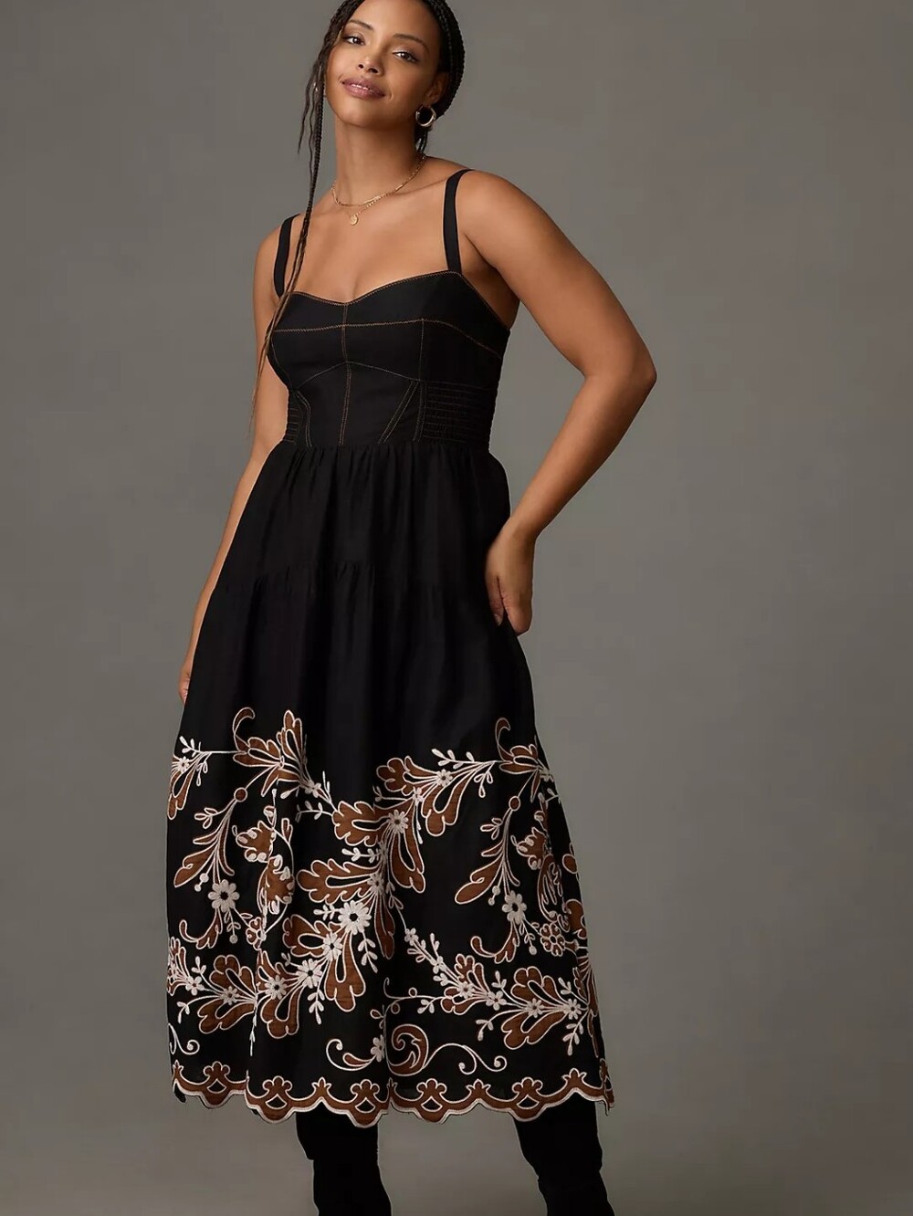 Anthropologie Black Midi Dress with Brown & Cream Floral Hem Embroidery